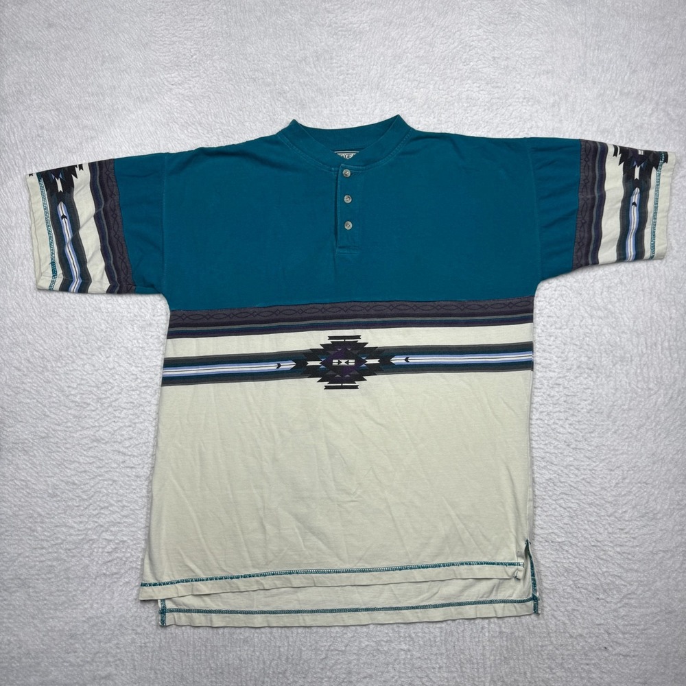 Vintage Basix Gear Southwestern Henley Shirt Teal White Geometric 90s Men's M‎
